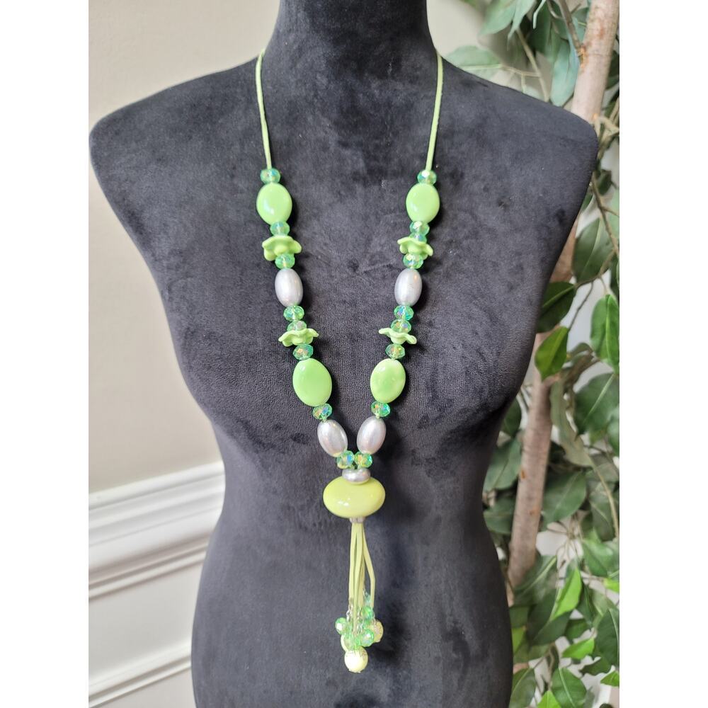 Women's‎ Green Beaded Statement Necklace and Earrings Set With Tassel Pendant